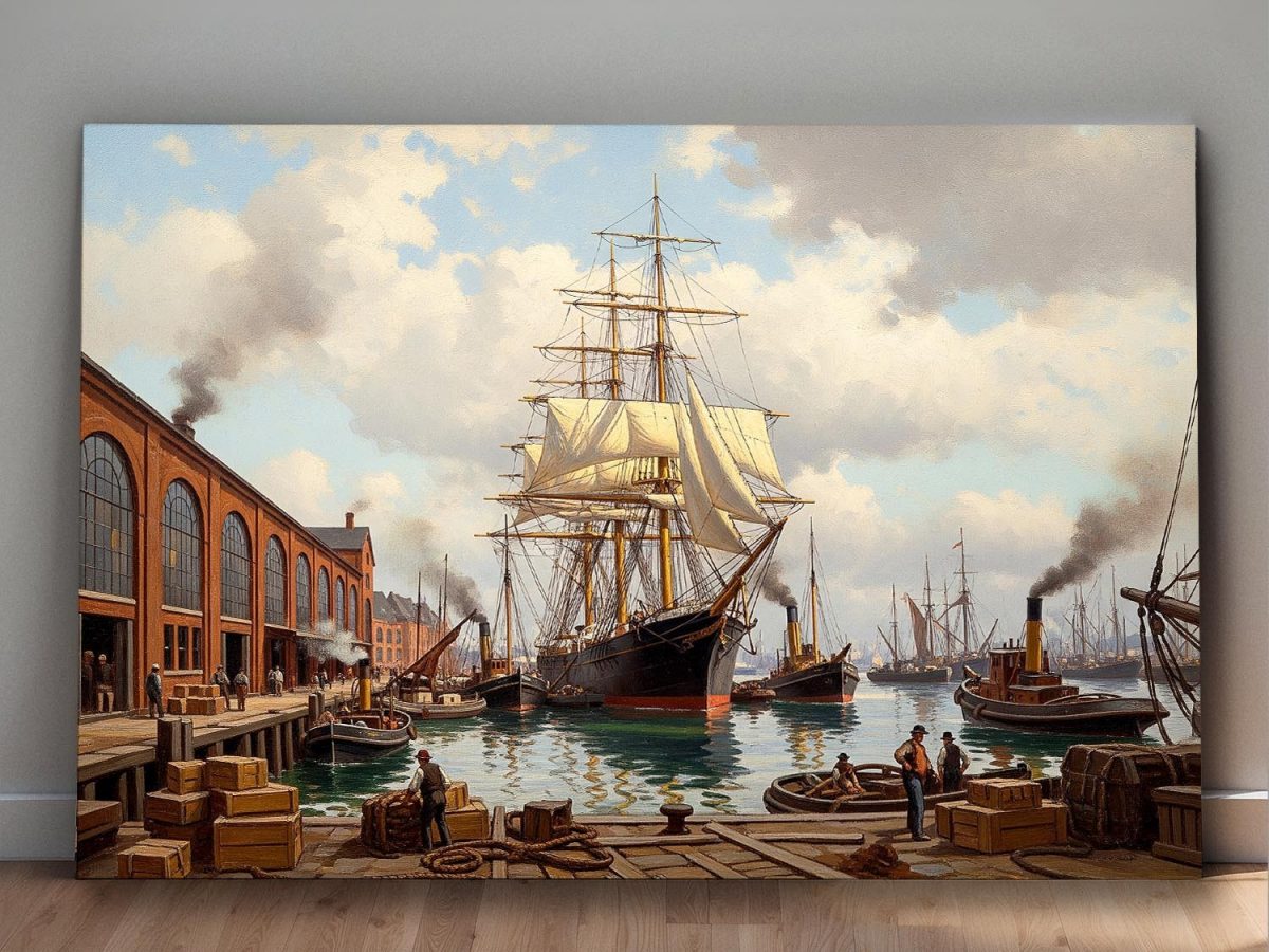 57-658.jpg Historischer Hafen mit Segelschiff , Druck auf Leinwand,