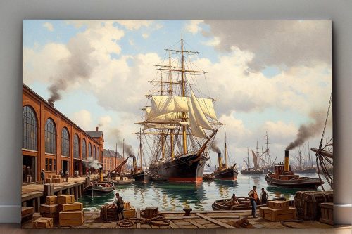 Historischer Hafen mit Segelschiff , Druck auf Leinwand,