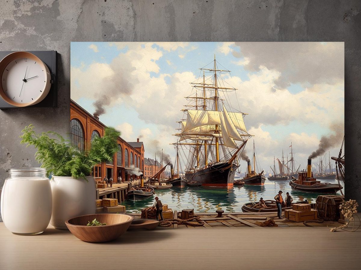 57-662.jpg Historischer Hafen mit Segelschiff , Druck auf Leinwand,