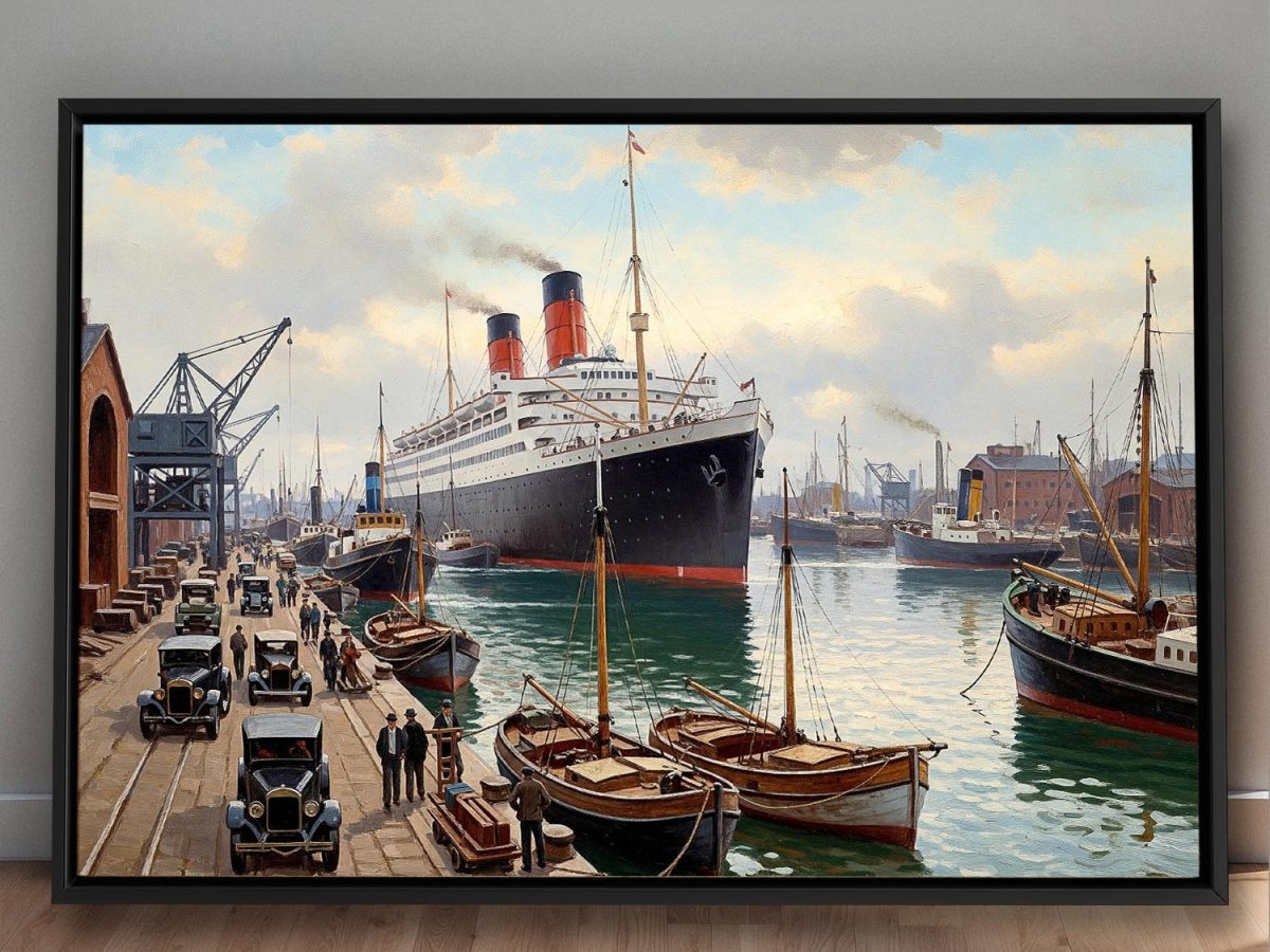 Ankunft des Ozeandampfers im Hafen– Druck auf Leinwand mit Rahmen