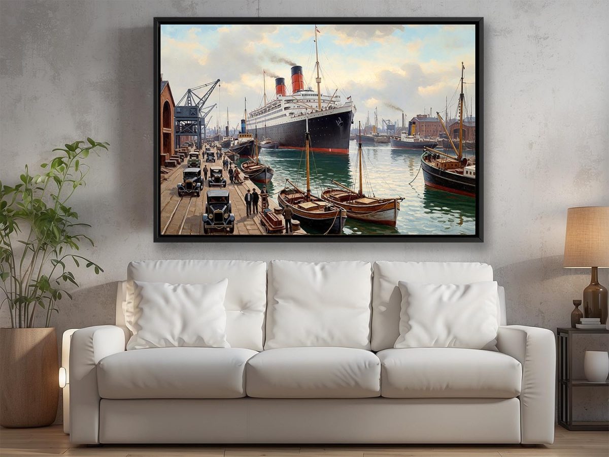 Ankunft des Ozeandampfers im Hafen– Druck auf Leinwand mit Rahmen