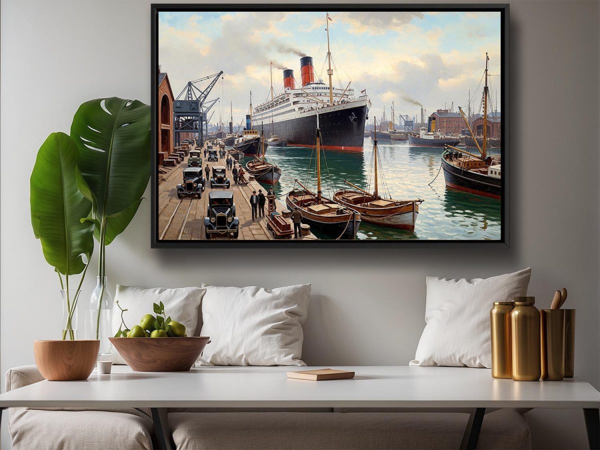Ankunft des Ozeandampfers im Hafen– Druck auf Leinwand mit Rahmen