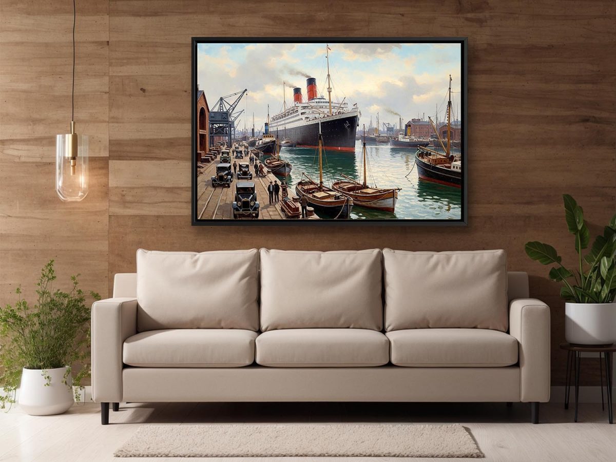 Ankunft des Ozeandampfers im Hafen– Druck auf Leinwand mit Rahmen