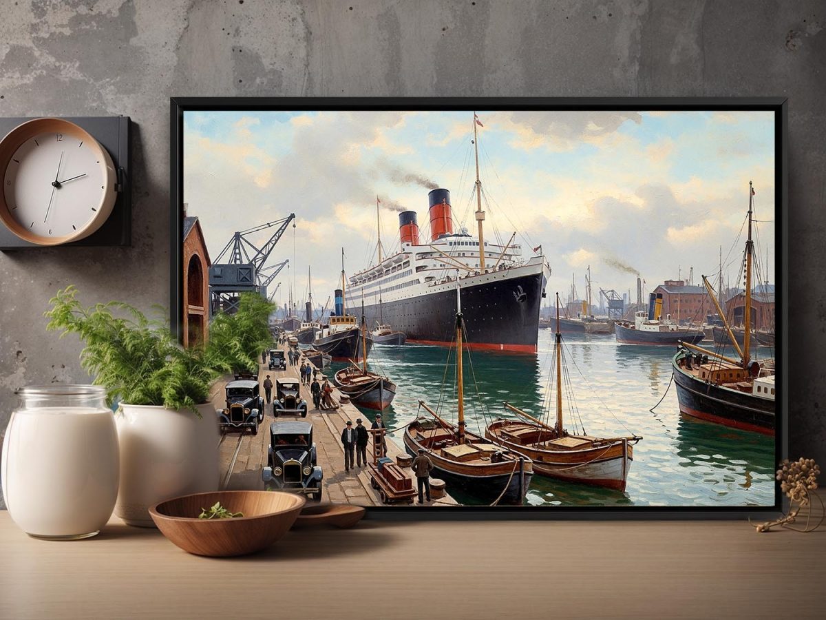 Ankunft des Ozeandampfers im Hafen– Druck auf Leinwand mit Rahmen