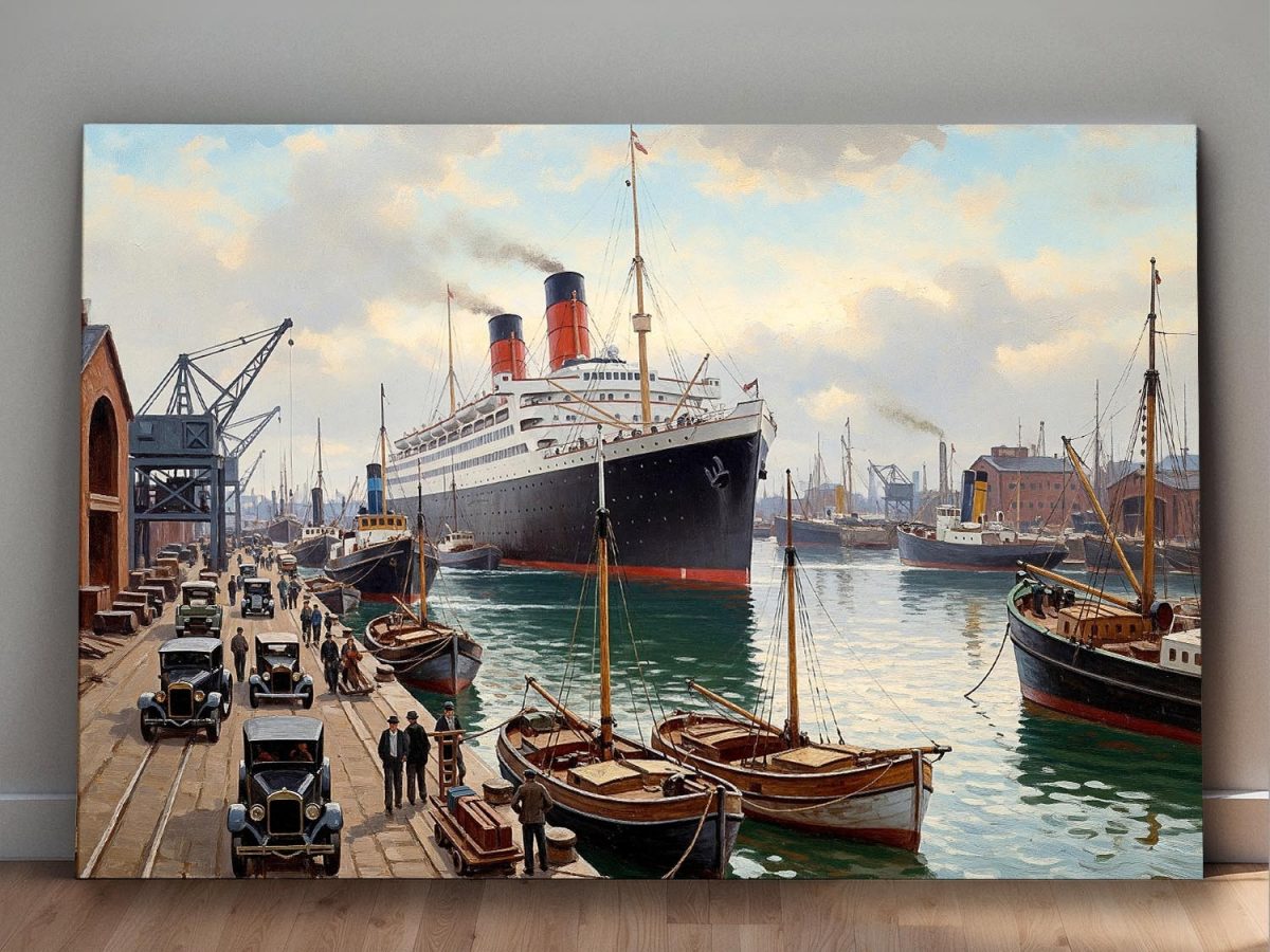 Ankunft des Ozeandampfers im Hafen– Druck auf Leinwand