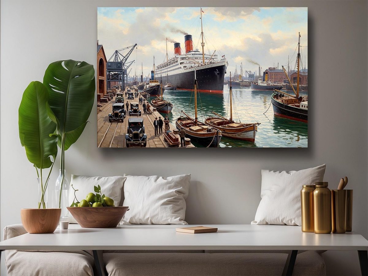 Ankunft des Ozeandampfers im Hafen– Druck auf Leinwand