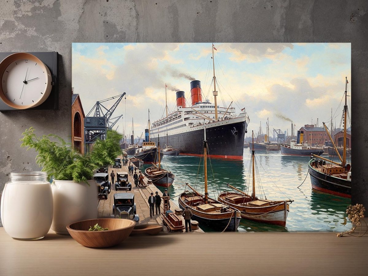 Ankunft des Ozeandampfers im Hafen– Druck auf Leinwand