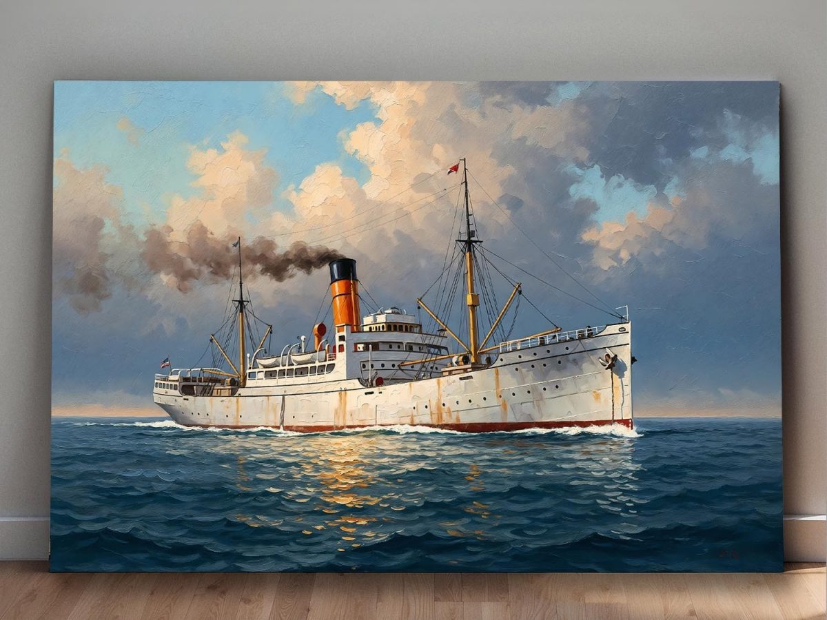 57-693.jpg Dampfschiff auf hoher See, Druck auf Leinwand, Frachter