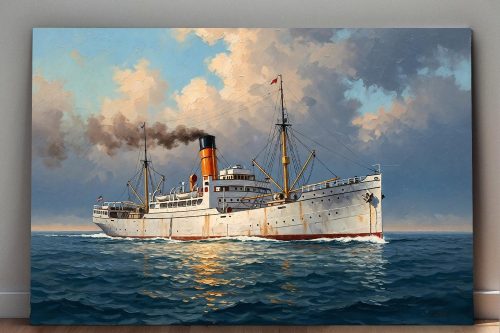 Dampfschiff auf hoher See, Druck auf Leinwand, Frachter