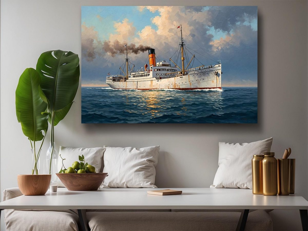 57-695.jpg Dampfschiff auf hoher See, Druck auf Leinwand, Frachter