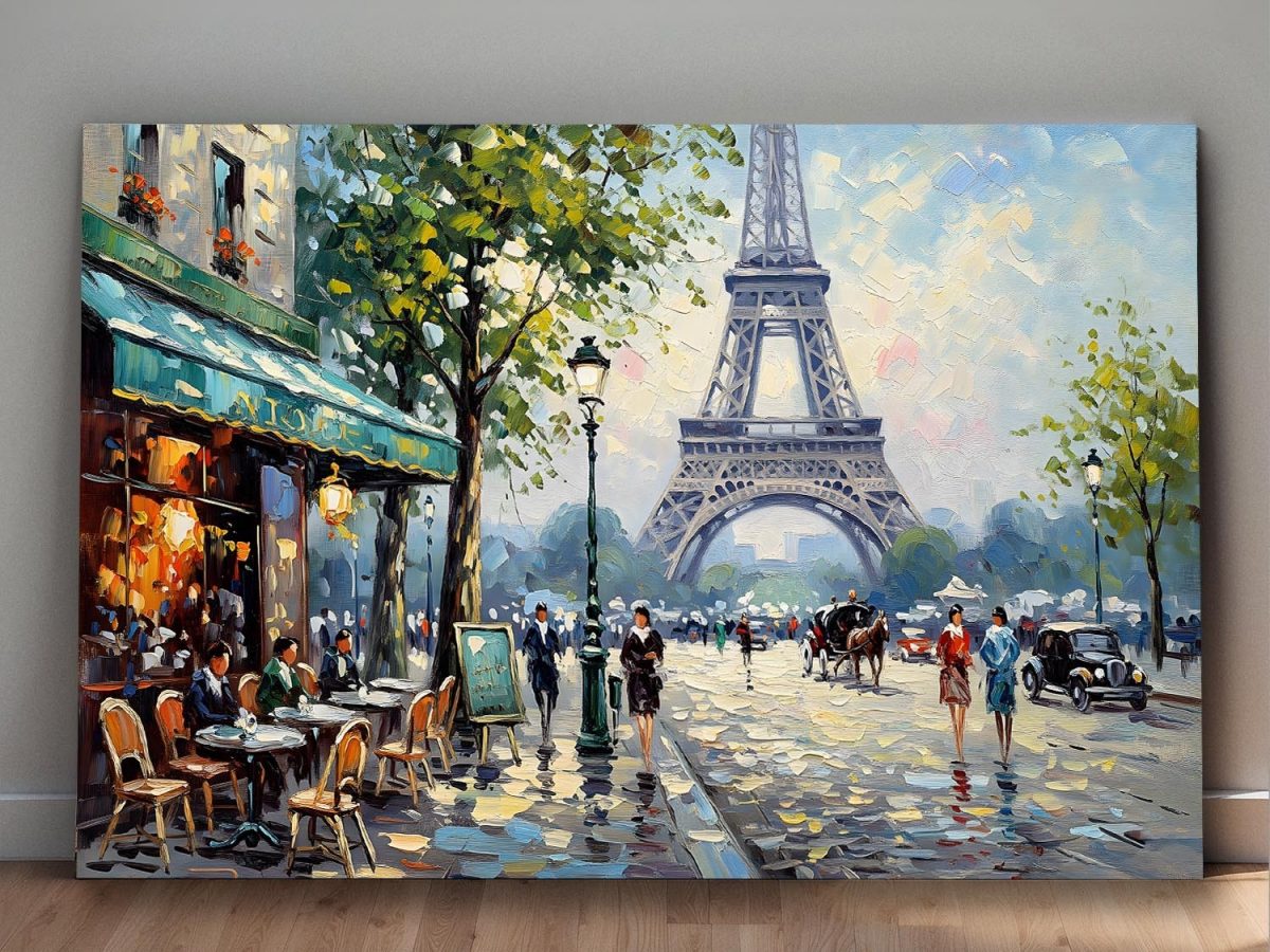 57-713.jpg Pariser Café-Szene mit Eiffelturm , Druck auf Leinwand