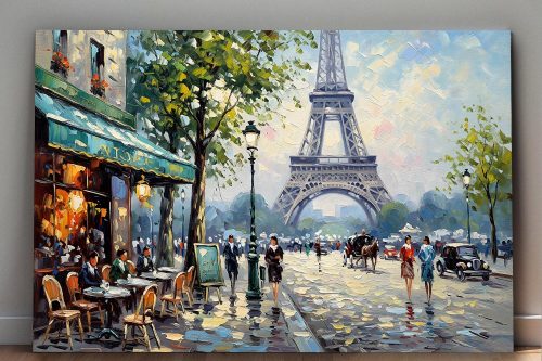 Pariser Café-Szene mit Eiffelturm , Druck auf Leinwand