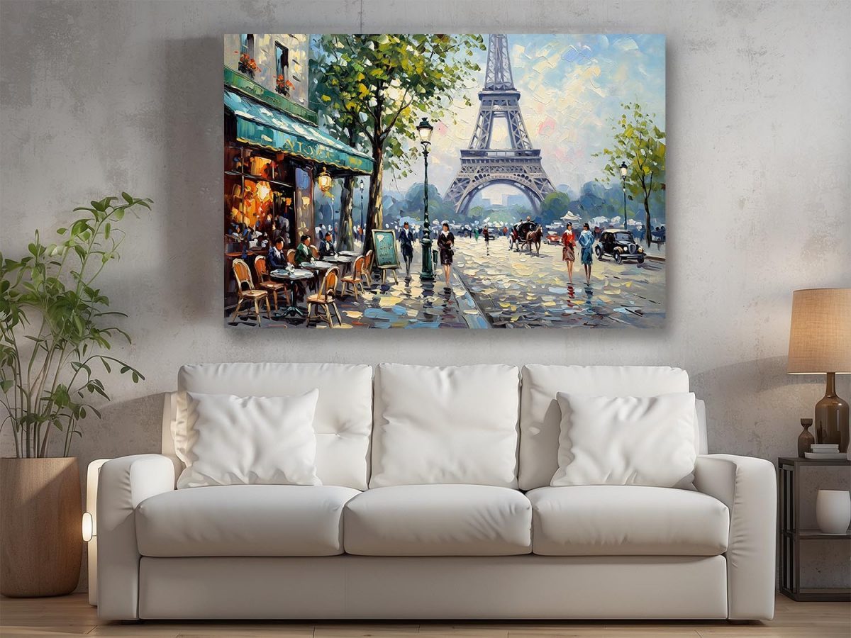 57-714.jpg Pariser Café-Szene mit Eiffelturm , Druck auf Leinwand