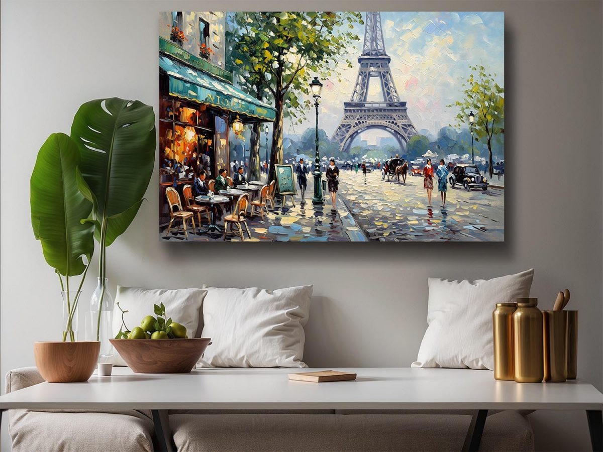 57-715.jpg Pariser Café-Szene mit Eiffelturm , Druck auf Leinwand