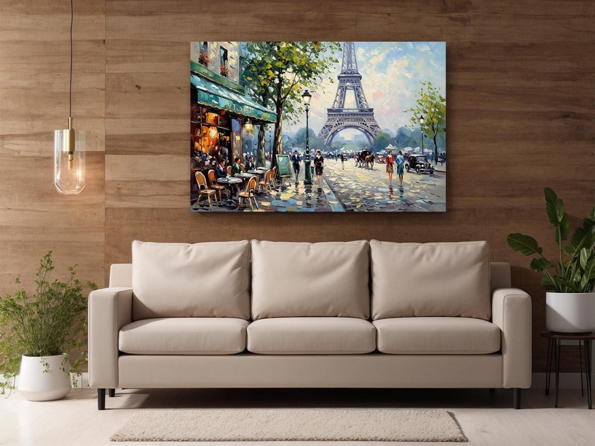 57-716.jpg Pariser Café-Szene mit Eiffelturm , Druck auf Leinwand