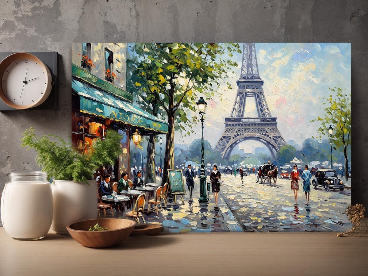 57-717.jpg Pariser Café-Szene mit Eiffelturm , Druck auf Leinwand