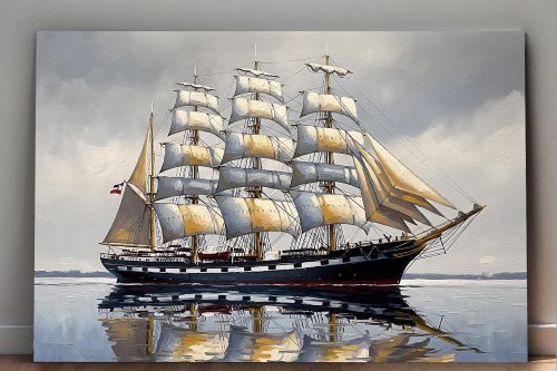 Segelschiff mit Vollbesegelung auf ruhiger See, Druck auf Leinwand