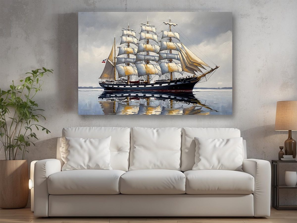 57-719.jpg Segelschiff mit Vollbesegelung auf ruhiger See, Druck auf Leinwand