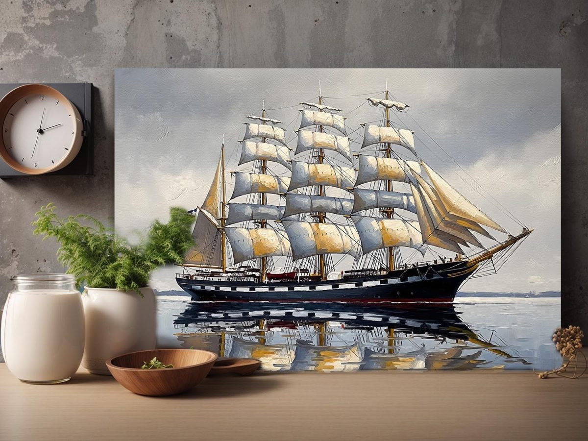 57-722.jpg Segelschiff mit Vollbesegelung auf ruhiger See, Druck auf Leinwand