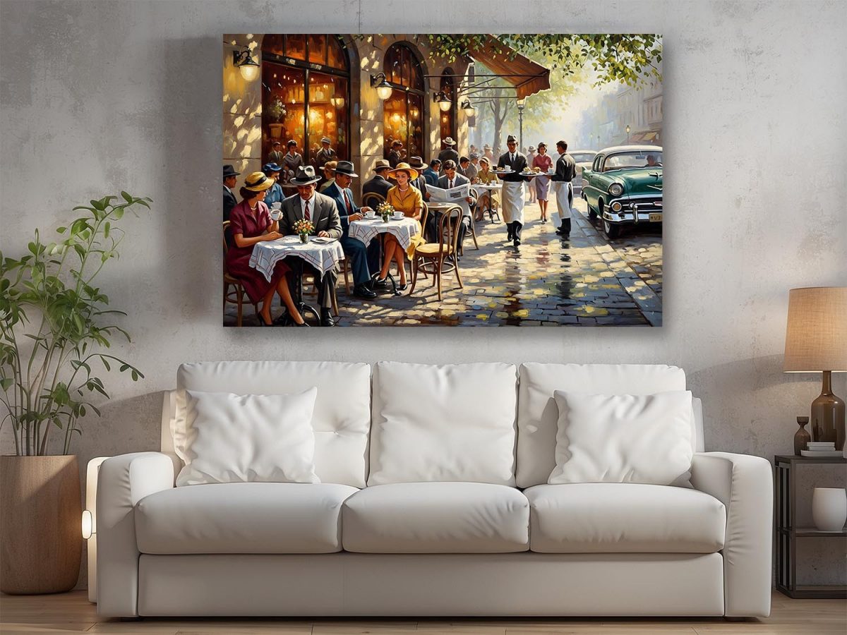 Straßencafé der 1950er Jahre , Druck auf Leinwand