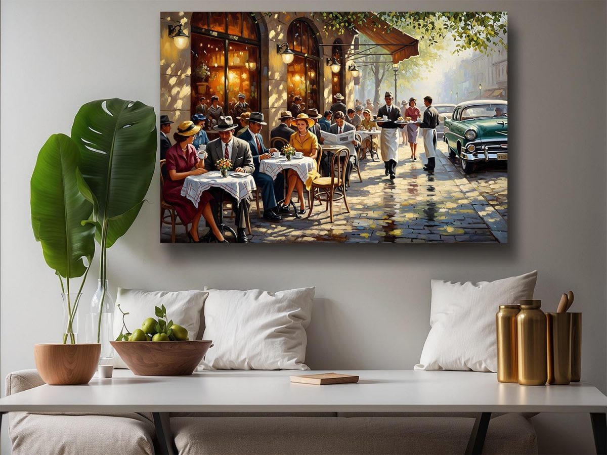Straßencafé der 1950er Jahre , Druck auf Leinwand