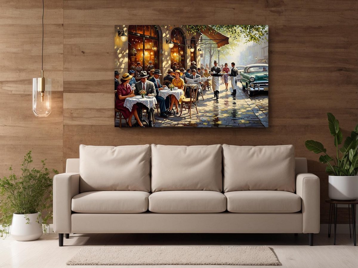 Straßencafé der 1950er Jahre , Druck auf Leinwand