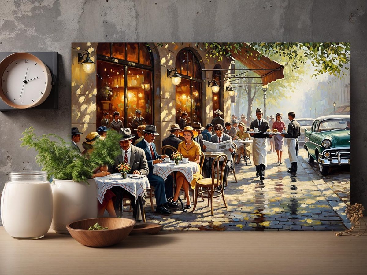 Straßencafé der 1950er Jahre , Druck auf Leinwand