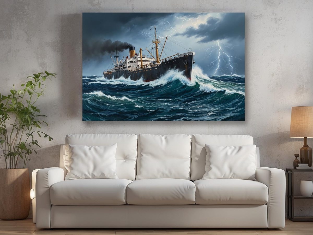 57-734.jpg Dampfschiff im Sturm, Druck auf Leinwand, Frachter, Frachtschiff