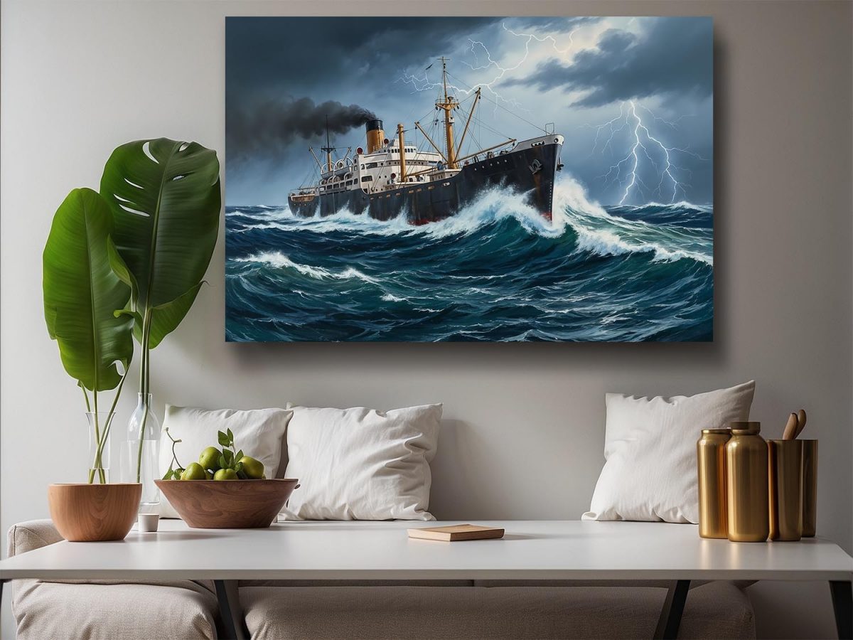 57-735.jpg Dampfschiff im Sturm, Druck auf Leinwand, Frachter, Frachtschiff