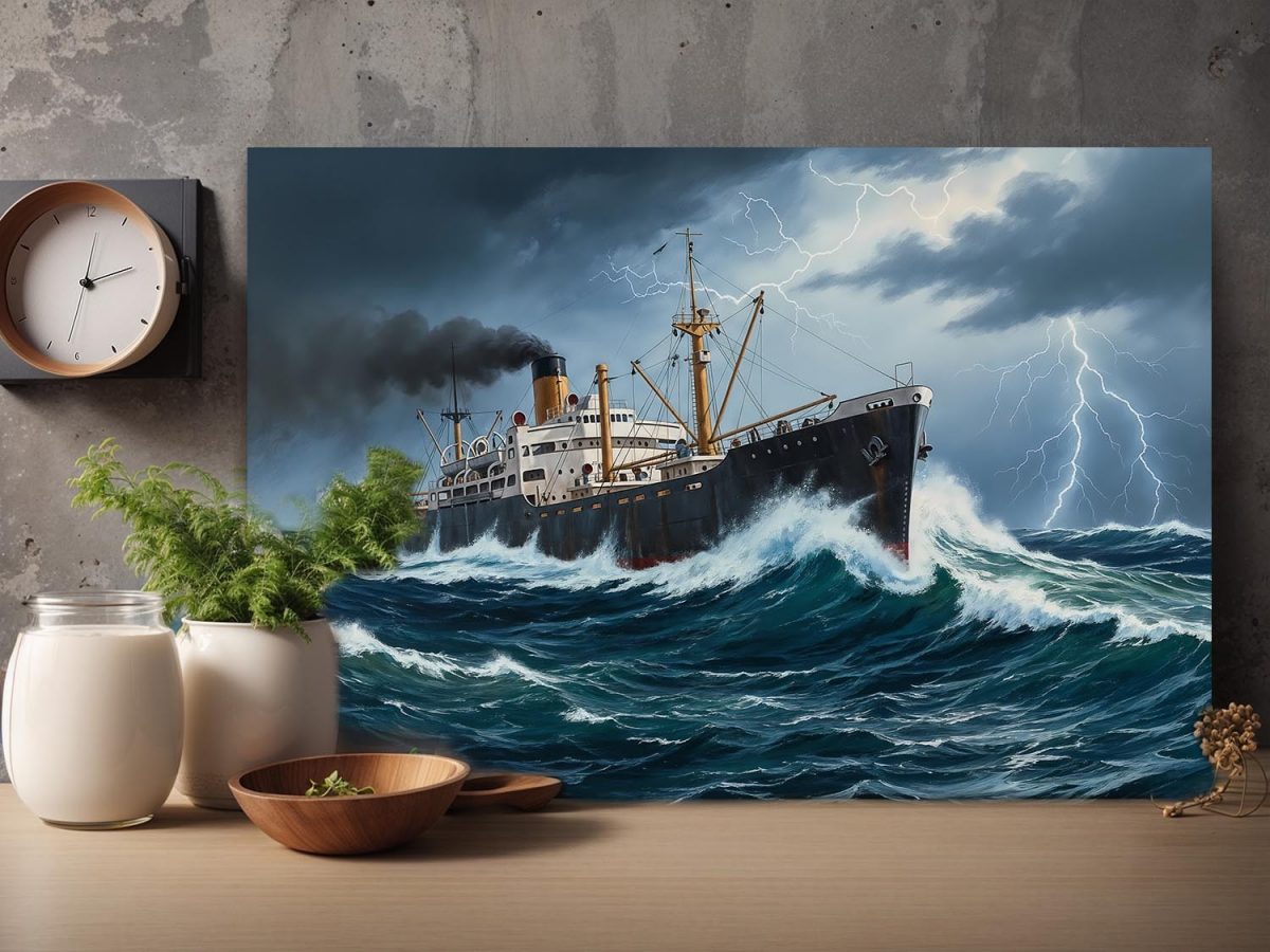 57-737.jpg Dampfschiff im Sturm, Druck auf Leinwand, Frachter, Frachtschiff