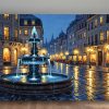 57-743.jpg Abendlicher Stadtplatz mit Brunnen , Druck auf Leinwand