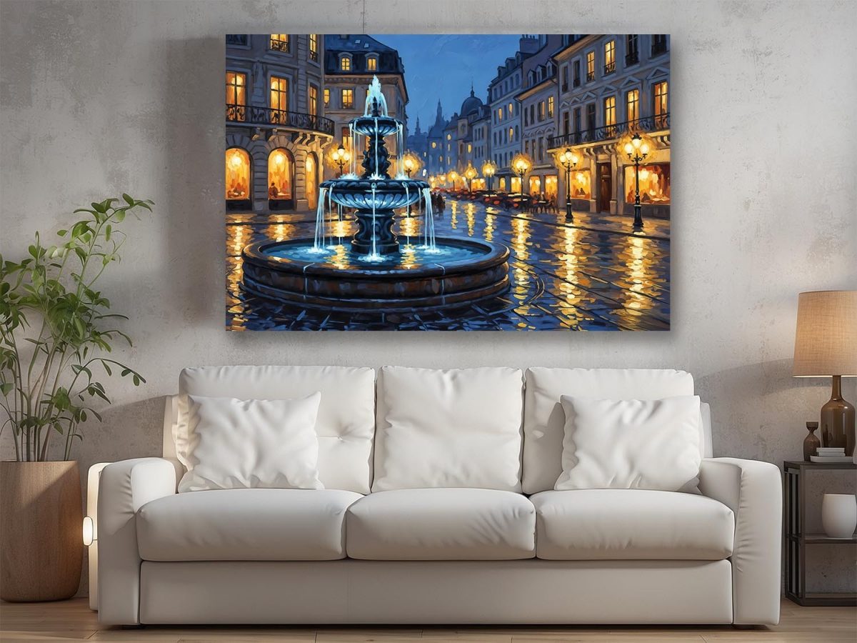 57-744.jpg Abendlicher Stadtplatz mit Brunnen , Druck auf Leinwand