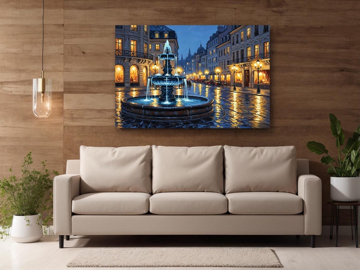 57-746.jpg Abendlicher Stadtplatz mit Brunnen , Druck auf Leinwand