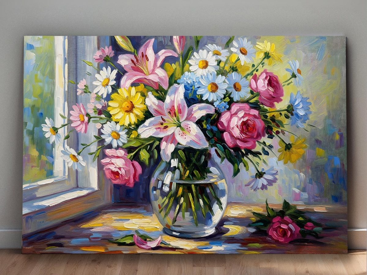 Blumenstrauß am Fenster , Druck auf Leinwand