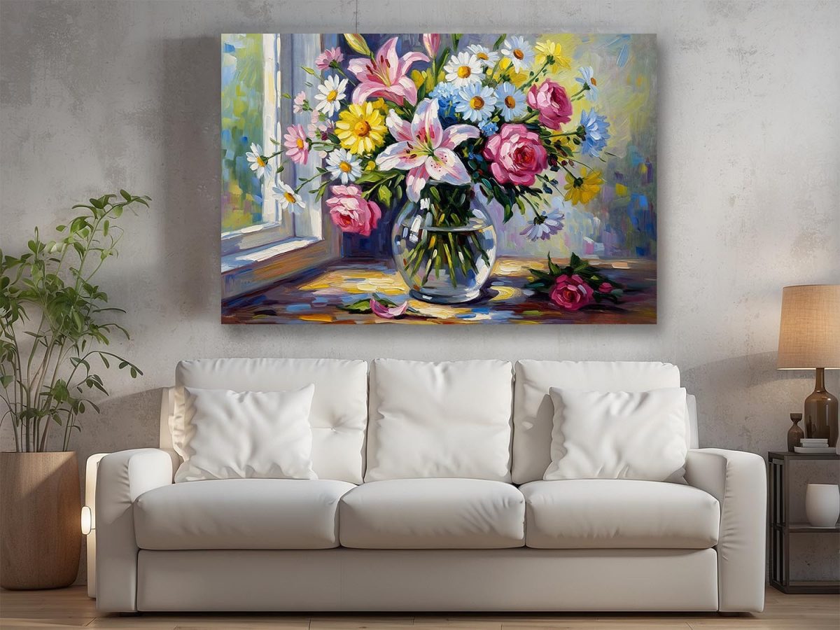 Blumenstrauß am Fenster , Druck auf Leinwand