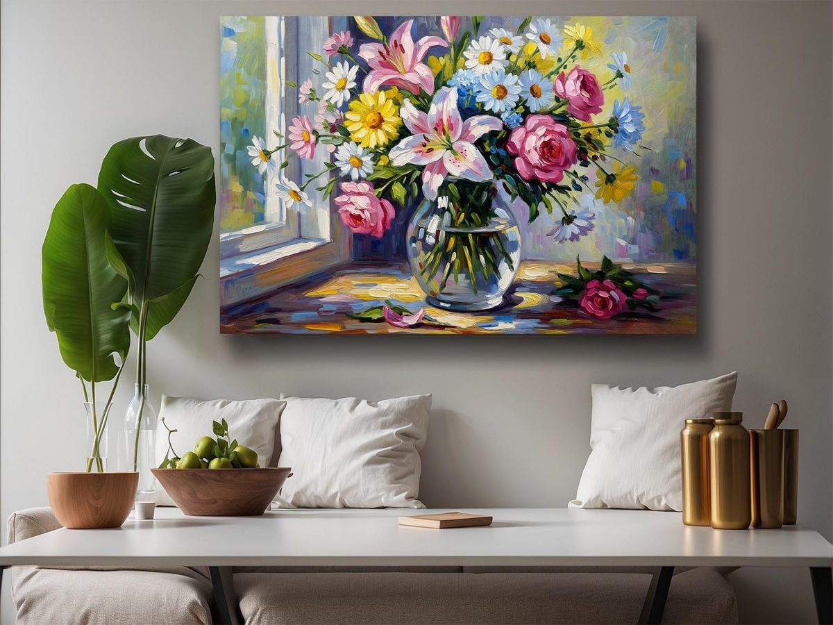 Blumenstrauß am Fenster , Druck auf Leinwand