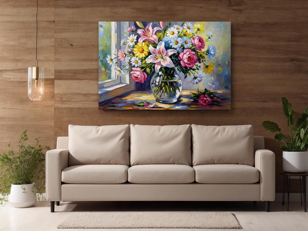 Blumenstrauß am Fenster , Druck auf Leinwand