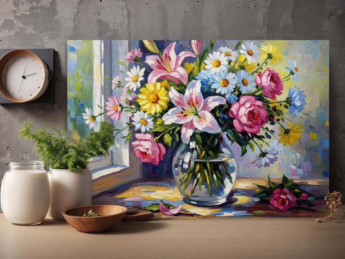 Blumenstrauß am Fenster , Druck auf Leinwand