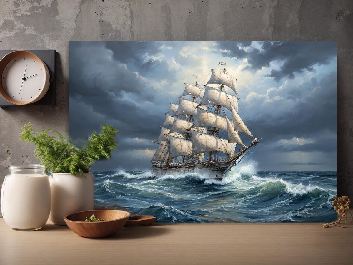 Segelschiff im Sturm , Druck auf Leinwand,