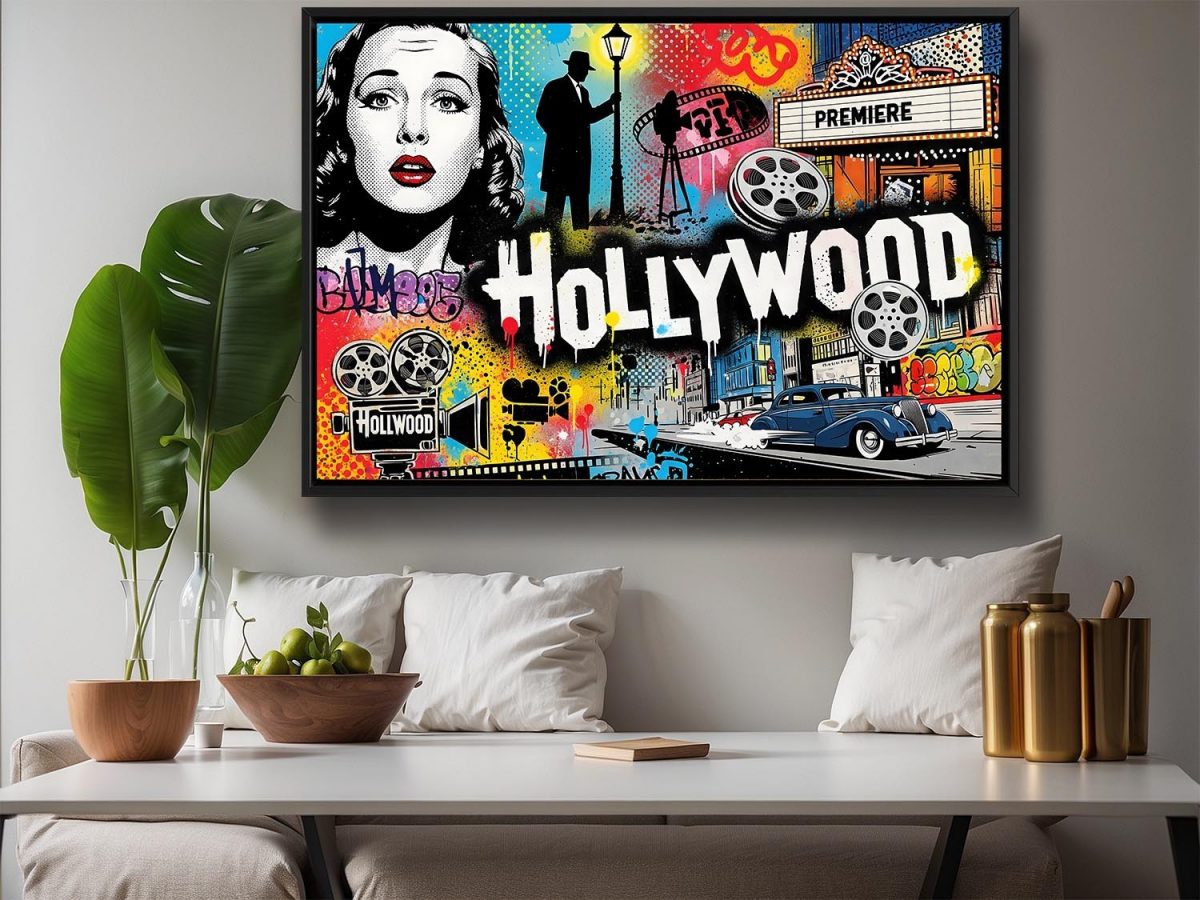 57-790.jpg Pop-Art Druck auf Leinwand „Hollywood“ im Schattenfugenrahmen