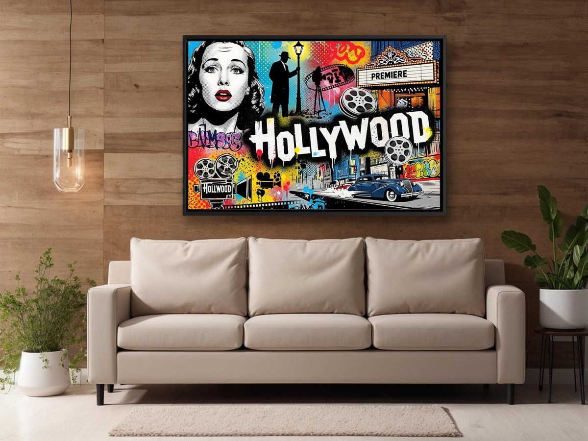 57-791.jpg Pop-Art Druck auf Leinwand „Hollywood“ im Schattenfugenrahmen