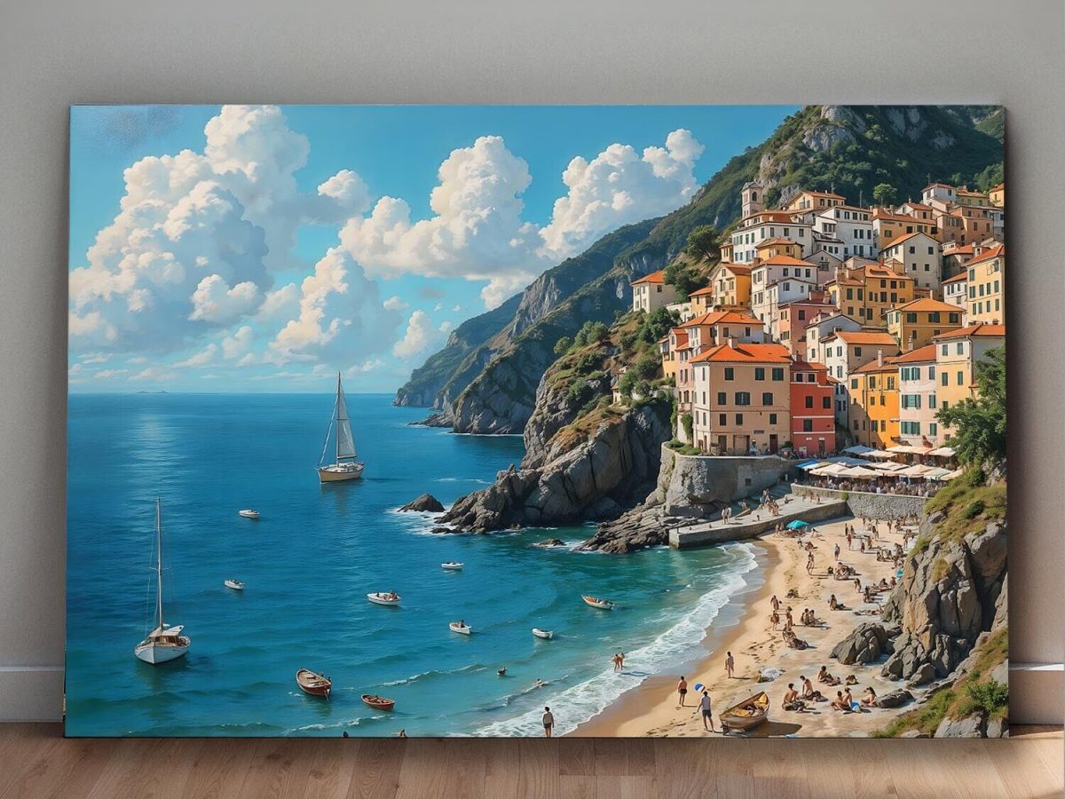 Küstenstadt am Mittelmeer–wie Ölgemälde, Digital Art, KI Art