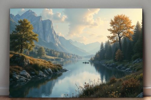 Malerische Flusslandschaft bei Sonnenuntergang, Digital Art, KI Art