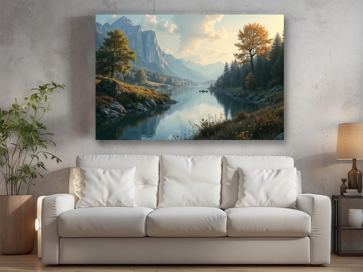 Malerische Flusslandschaft bei Sonnenuntergang, Digital Art, KI Art