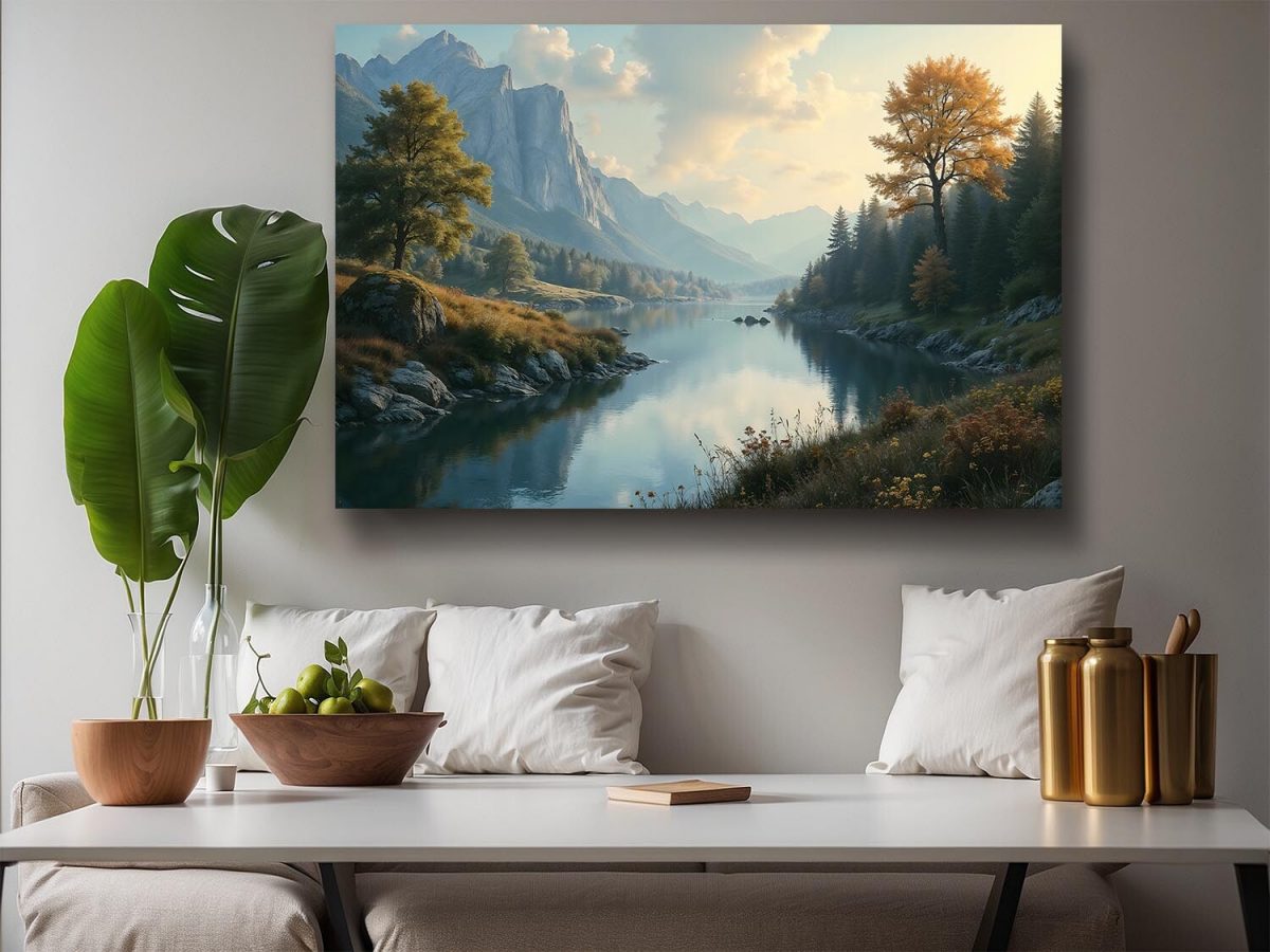 Malerische Flusslandschaft bei Sonnenuntergang, Digital Art, KI Art