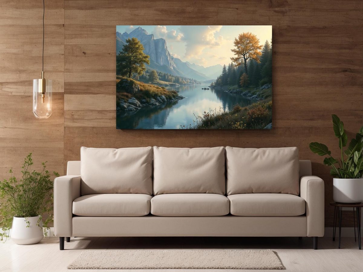 Malerische Flusslandschaft bei Sonnenuntergang, Digital Art, KI Art