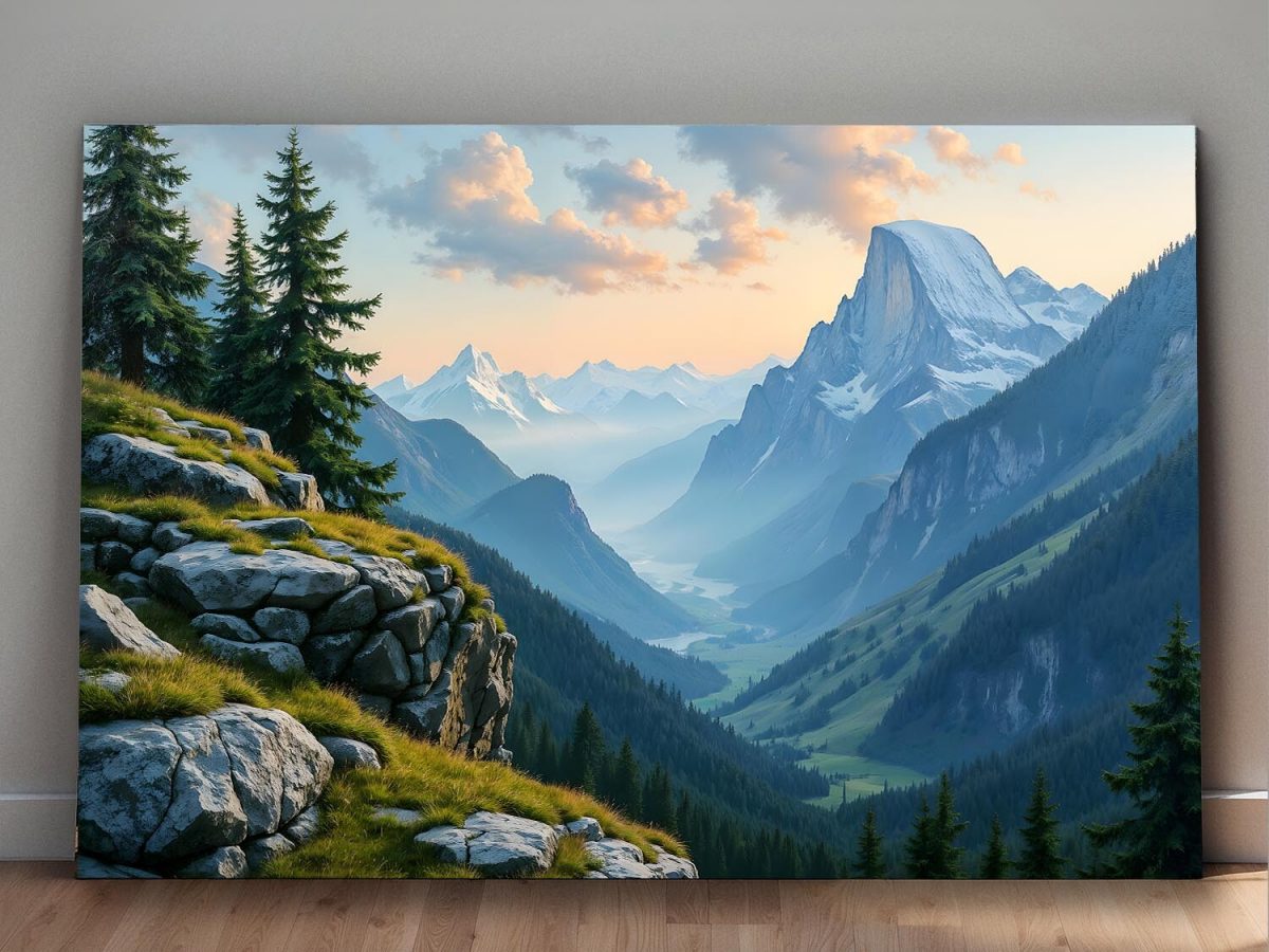 Majestätische Gebirgslandschaft bei Sonnenaufgang, Digital Art, KI Art