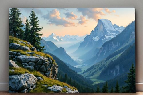 Majestätische Gebirgslandschaft bei Sonnenaufgang, Digital Art, KI Art