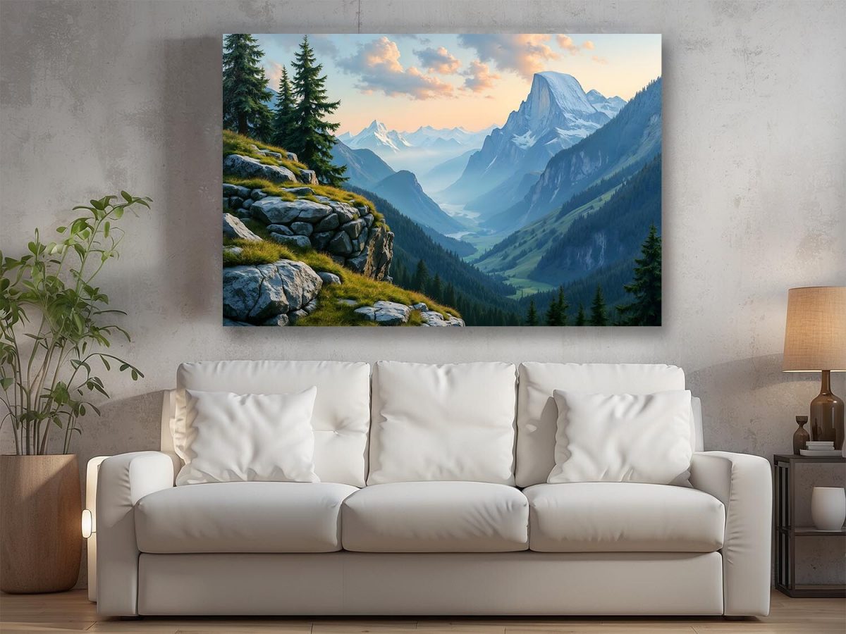 Majestätische Gebirgslandschaft bei Sonnenaufgang, Digital Art, KI Art