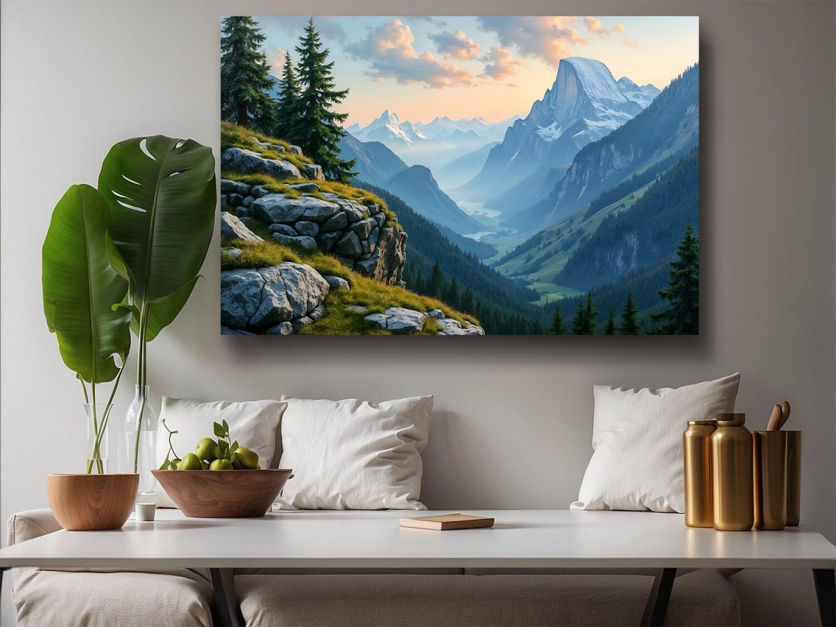 Majestätische Gebirgslandschaft bei Sonnenaufgang, Digital Art, KI Art